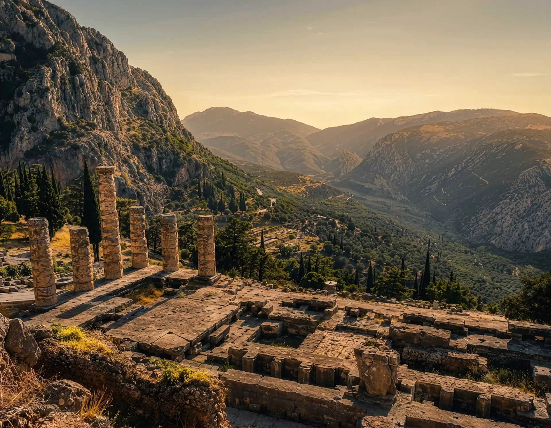 Tour a Delfos desde Atenas, templo de Apolo al atardecer