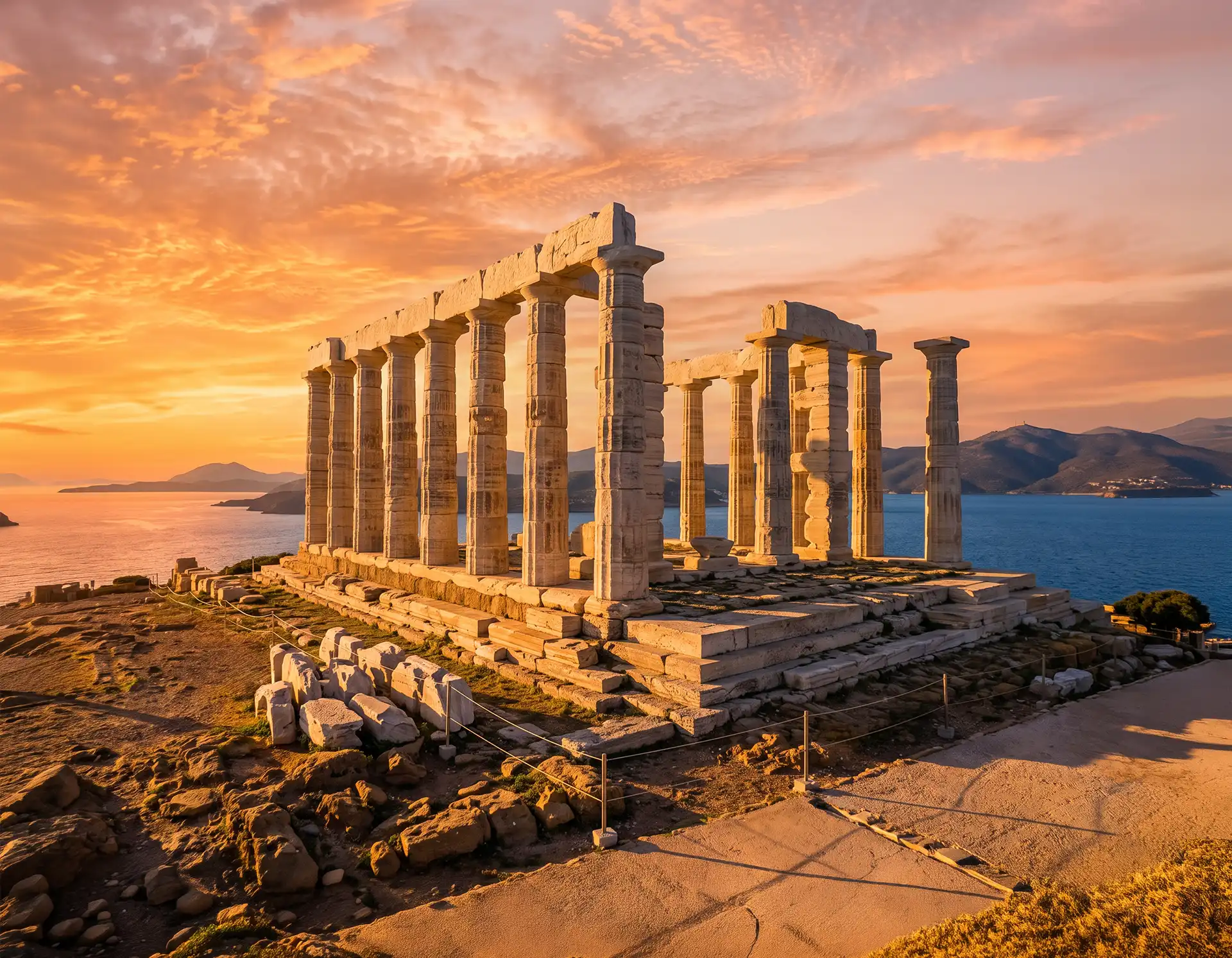 Templo de Poseidón Sunio al atardecer sobre el mar Egeo