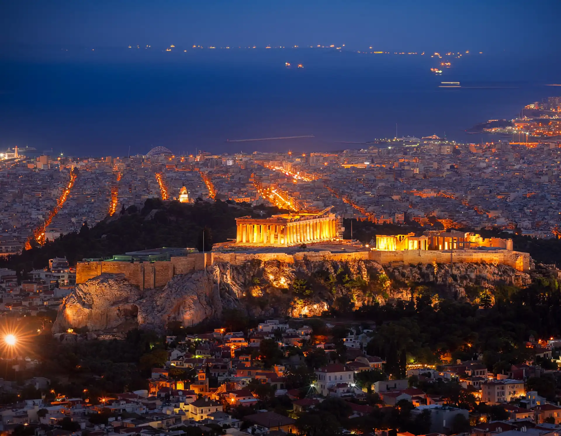Vista aérea de Atenas de noche y de la Acrópolis