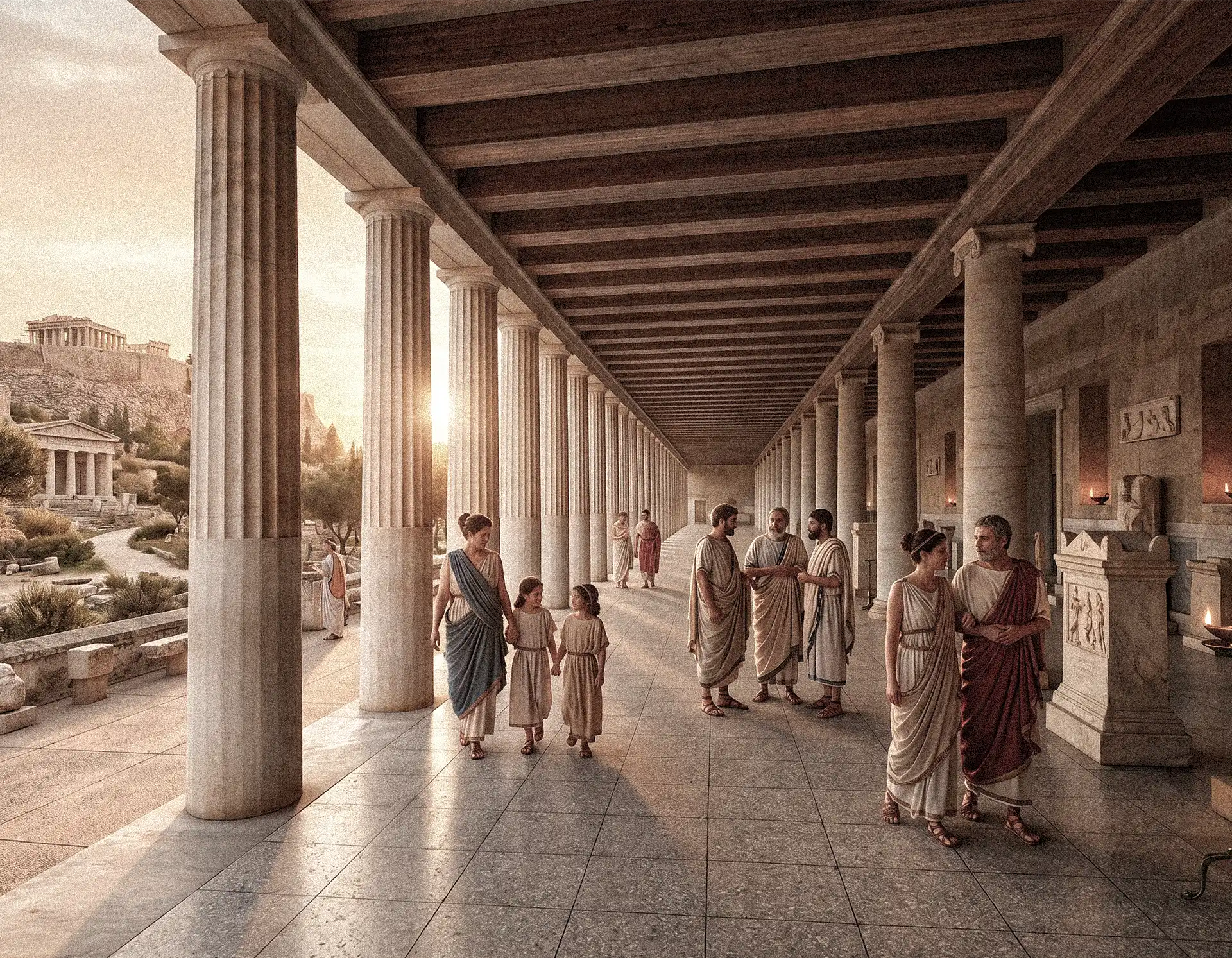 La antigua Ágora de Atenas con la Estoa de Átalos al fondo