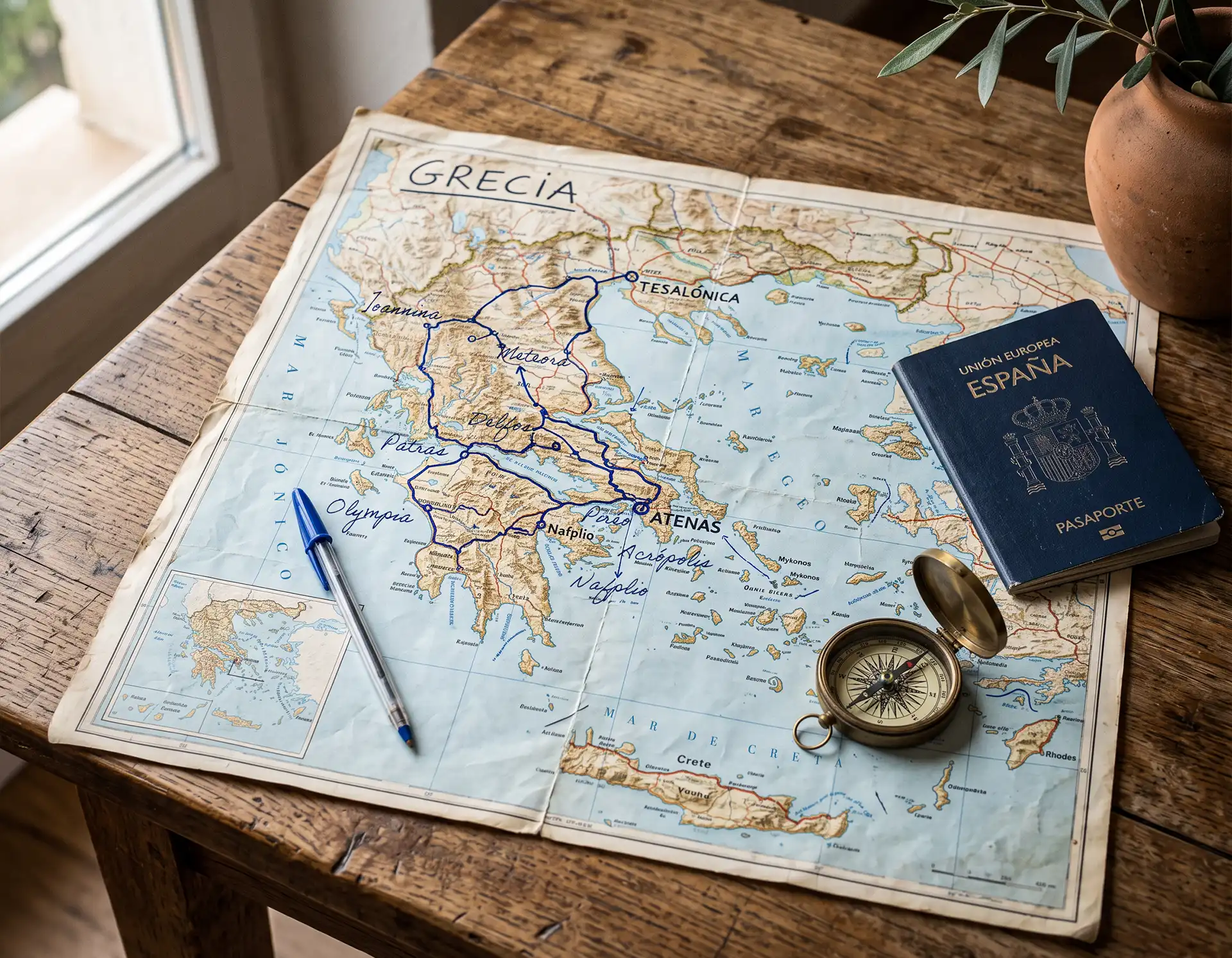 Mapa de Grecia con ruta de viaje marcada, itinerario de una semana